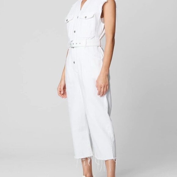 BLANK NYC White Denim Sleeveless Romper Jumpsuit Sz S Belted Cropped Frayed Hem - Picture 1 of 12